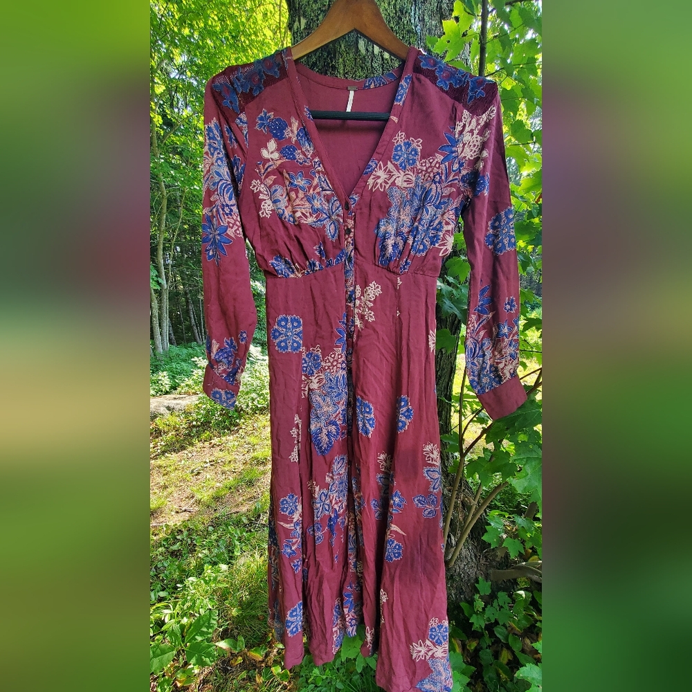 Free People Burgundy Maxi Dress with Blue Floral Print